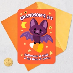 Purple Bat With Candy Corn First Halloween Card for Grandson