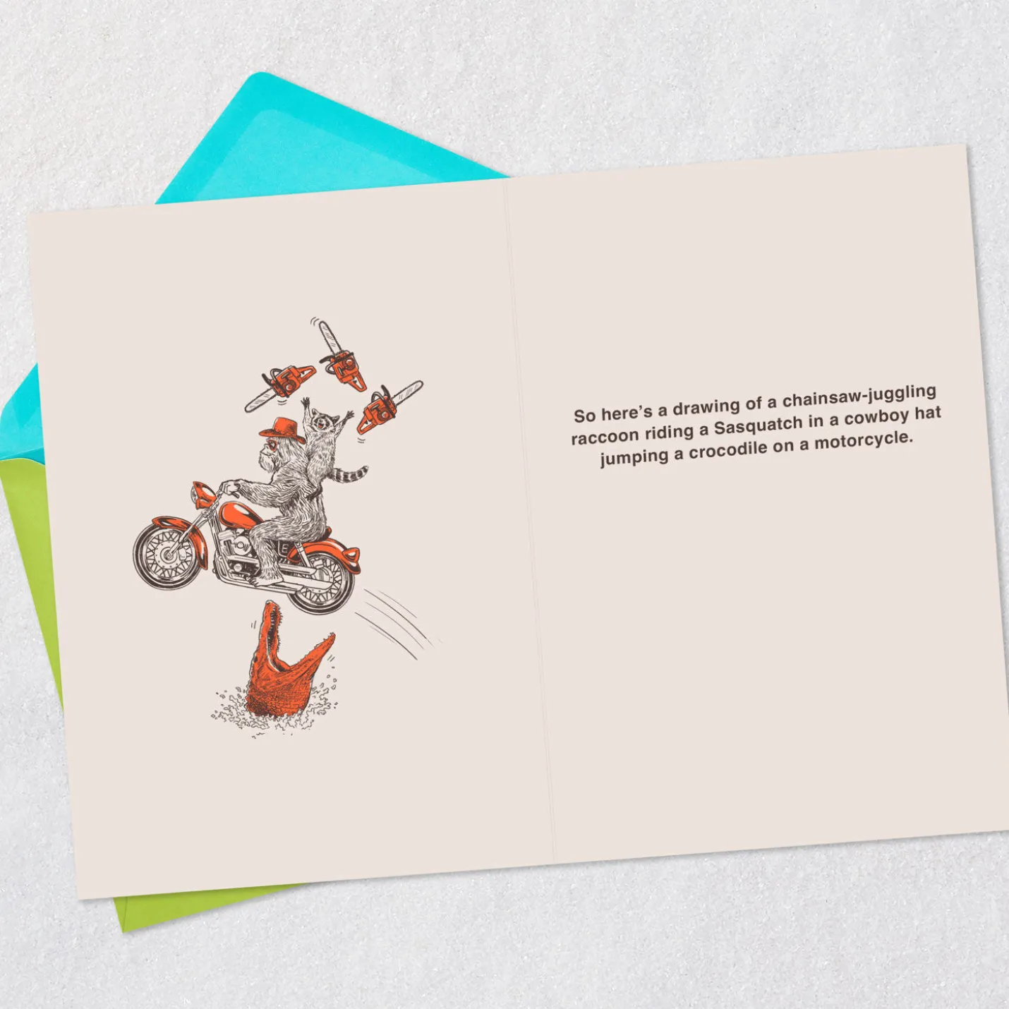Raccoon, Sasquatch and Motorcycle Funny Birthday Card for Him