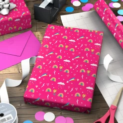 Rainbows and Flowers on Pink Jumbo Wrapping Paper, 90 sq. ft.