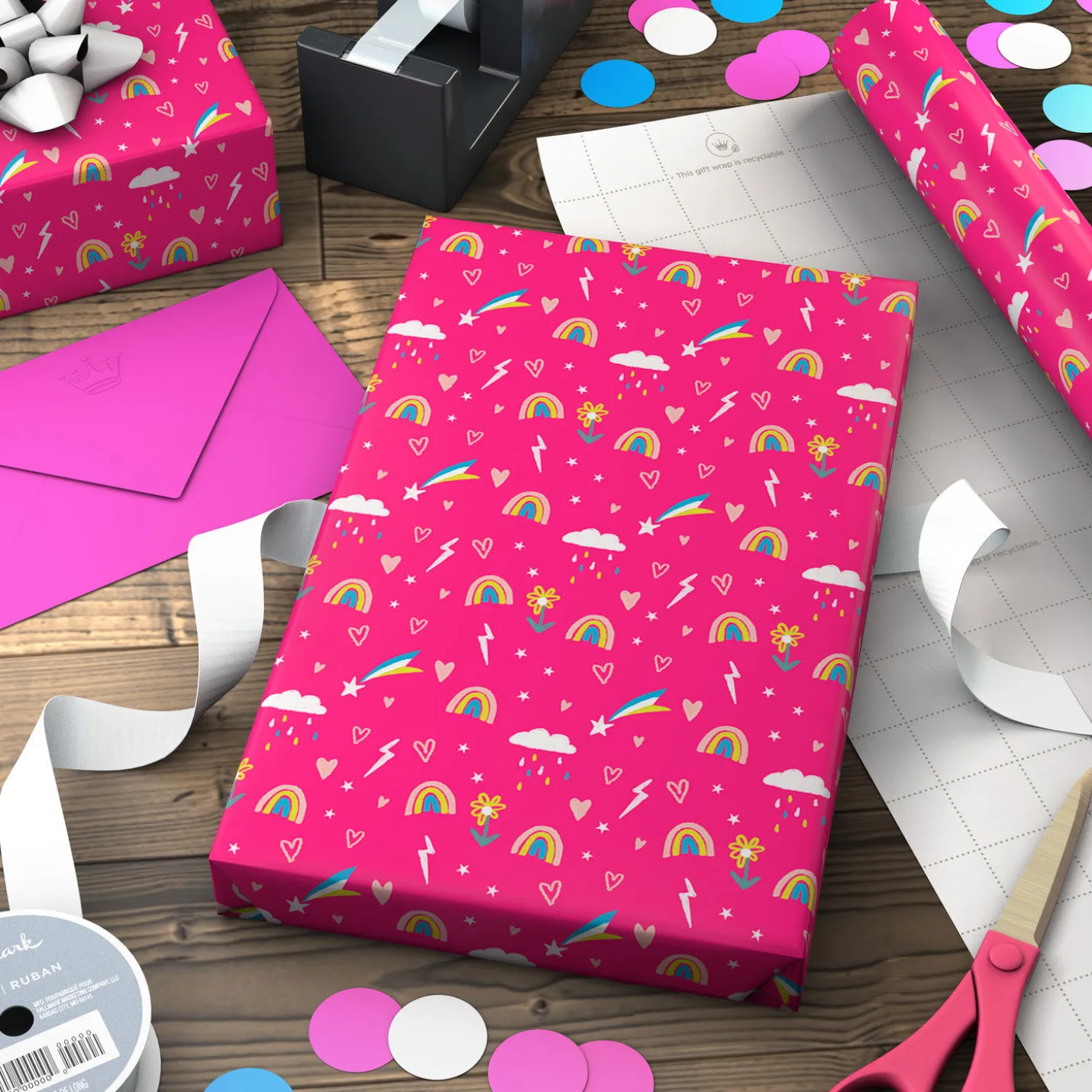 Rainbows and Flowers on Pink Jumbo Wrapping Paper, 90 sq. ft.