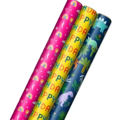 Rainbows, Dinos and Happy Wishes 3-Pack Wrapping Paper Roll Bundle, 75 sq. ft. total