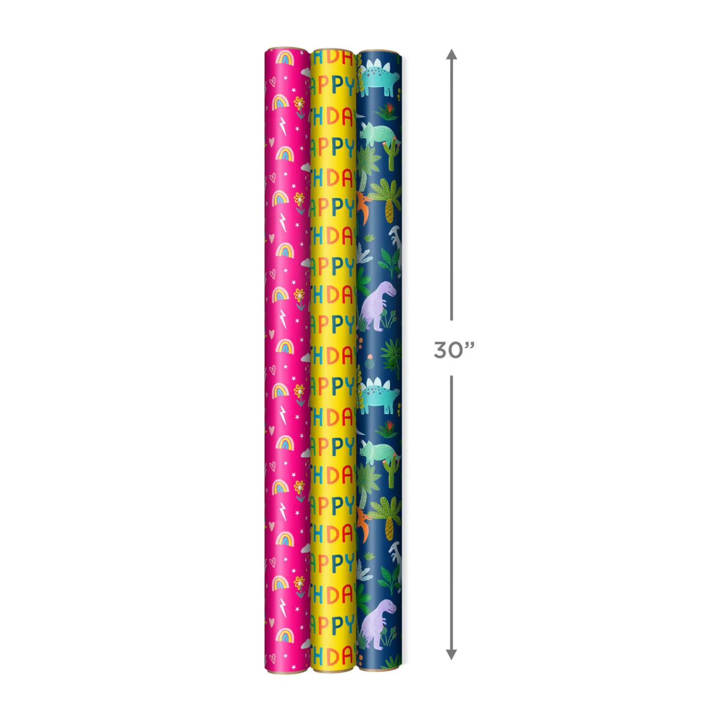 Rainbows, Dinos and Happy Wishes 3-Pack Wrapping Paper Roll Bundle, 75 sq. ft. total