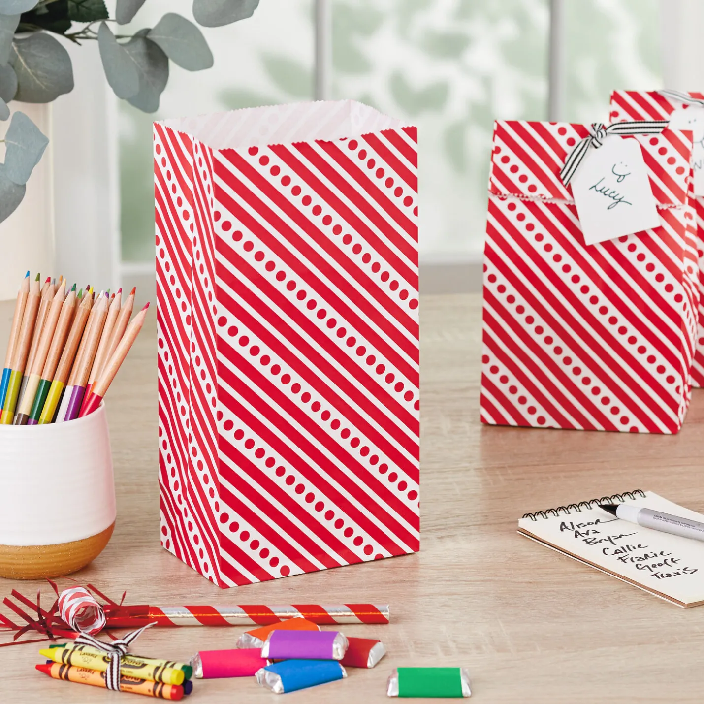 Red Paper Goodie Bags With Labels, Pack of 30