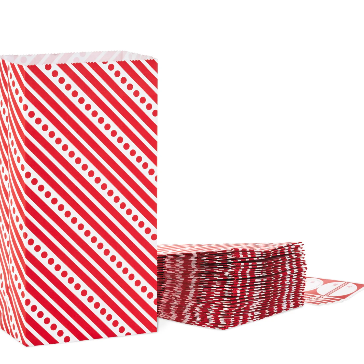 Red Paper Goodie Bags With Labels, Pack of 30