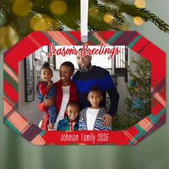 Red Plaid Metal Personalized Ornament, Custom Photo and Text