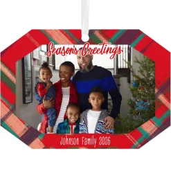 Red Plaid Metal Personalized Ornament, Custom Photo and Text