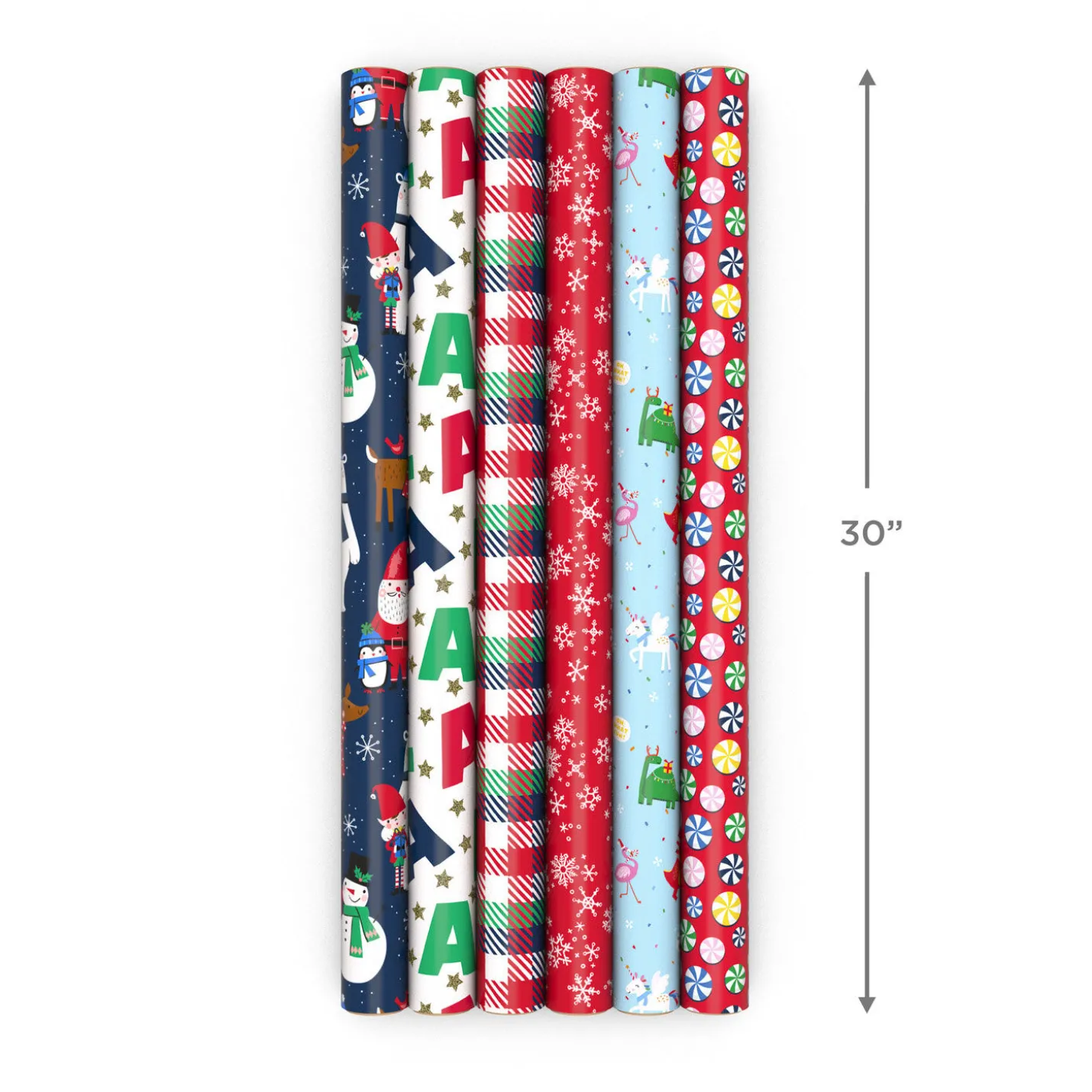 Santa and Friends 6-Pack Assorted Christmas Wrapping Paper Roll Bundle, 180 sq. ft. total