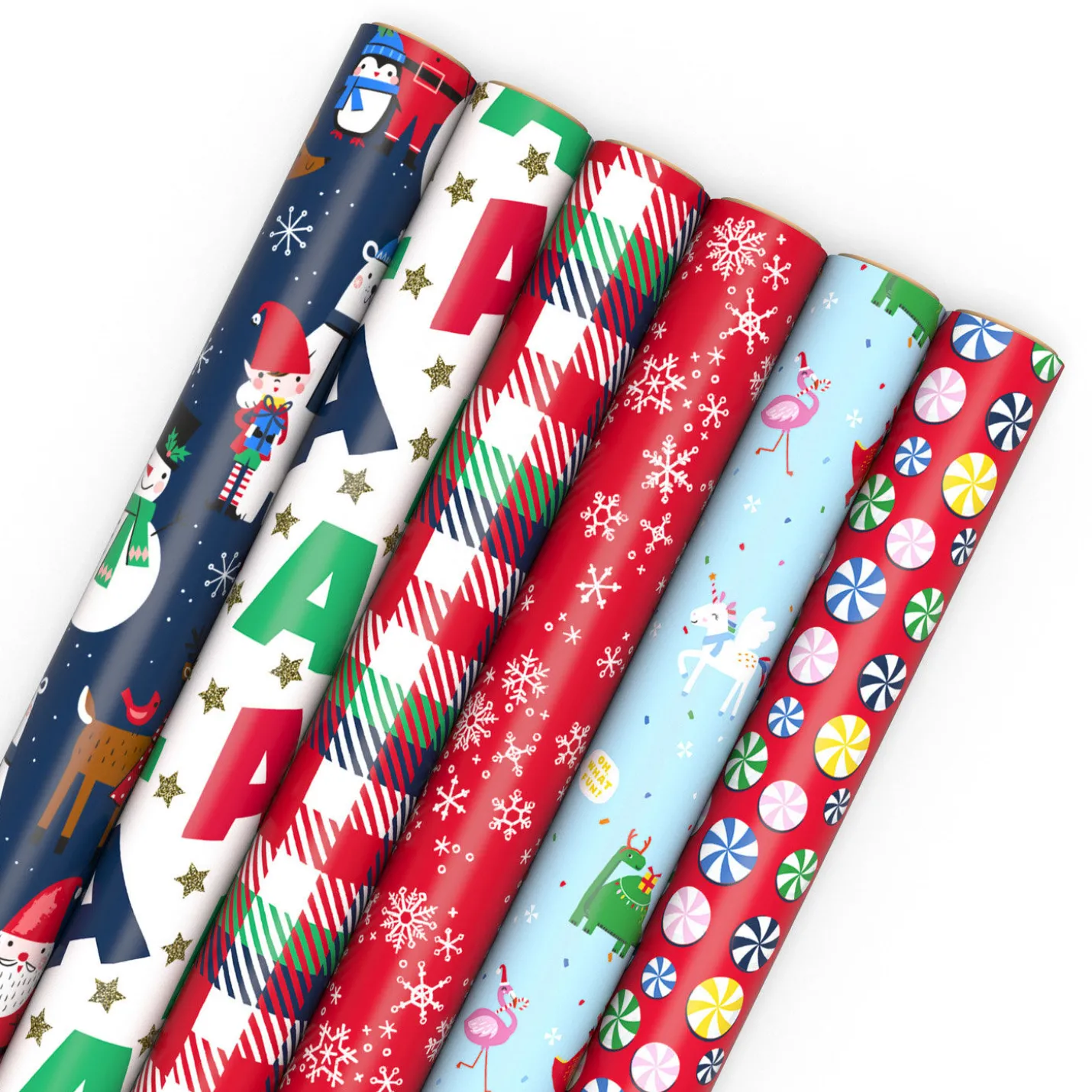 Santa and Friends 6-Pack Assorted Christmas Wrapping Paper Roll Bundle, 180 sq. ft. total
