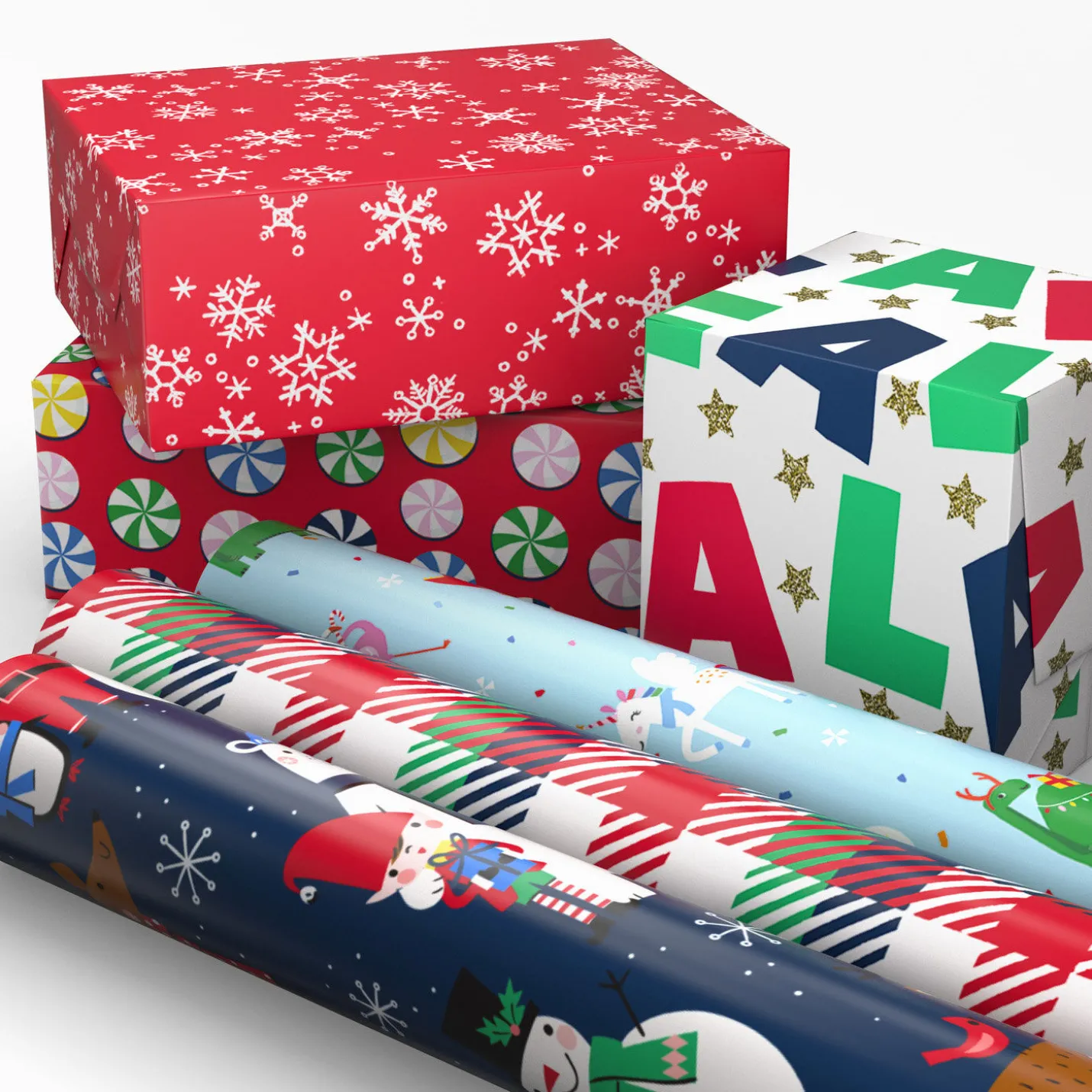 Santa and Friends 6-Pack Assorted Christmas Wrapping Paper Roll Bundle, 180 sq. ft. total