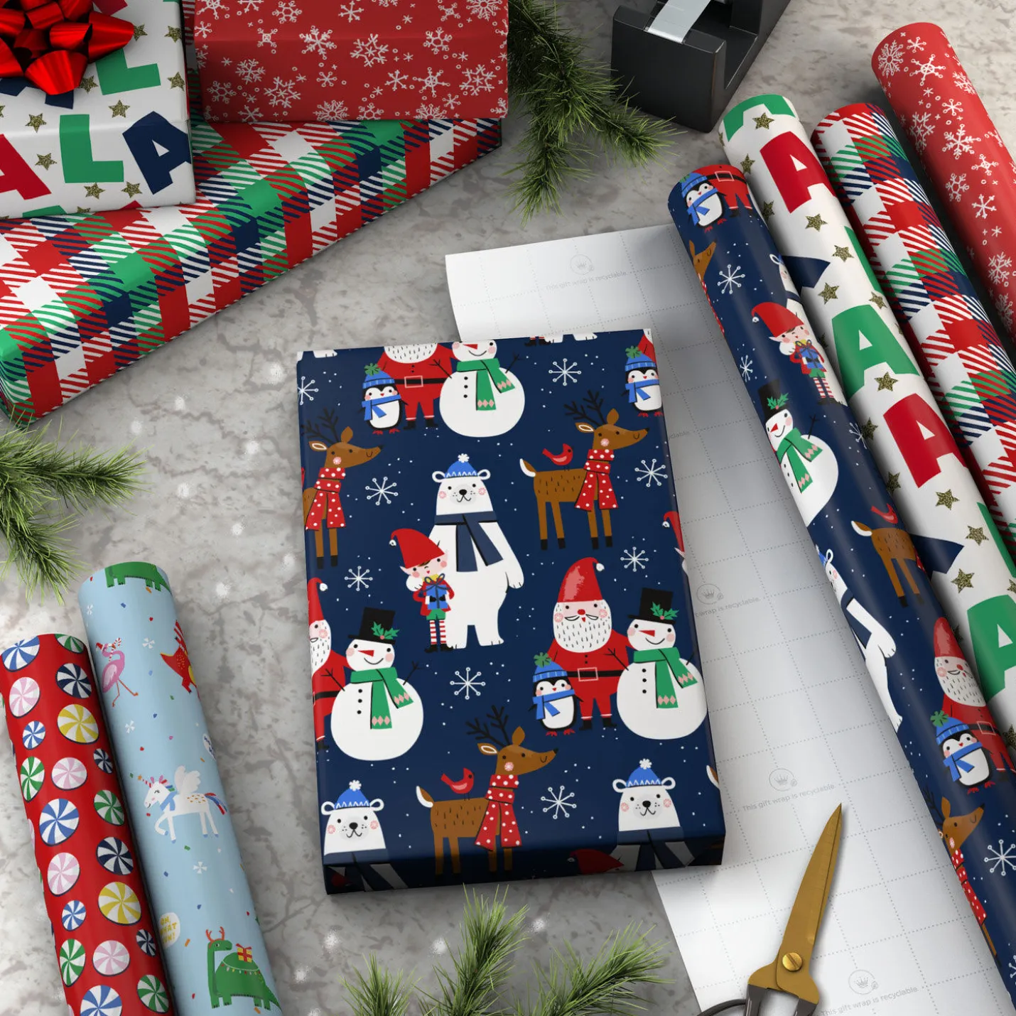 Santa and Friends 6-Pack Assorted Christmas Wrapping Paper Roll Bundle, 180 sq. ft. total