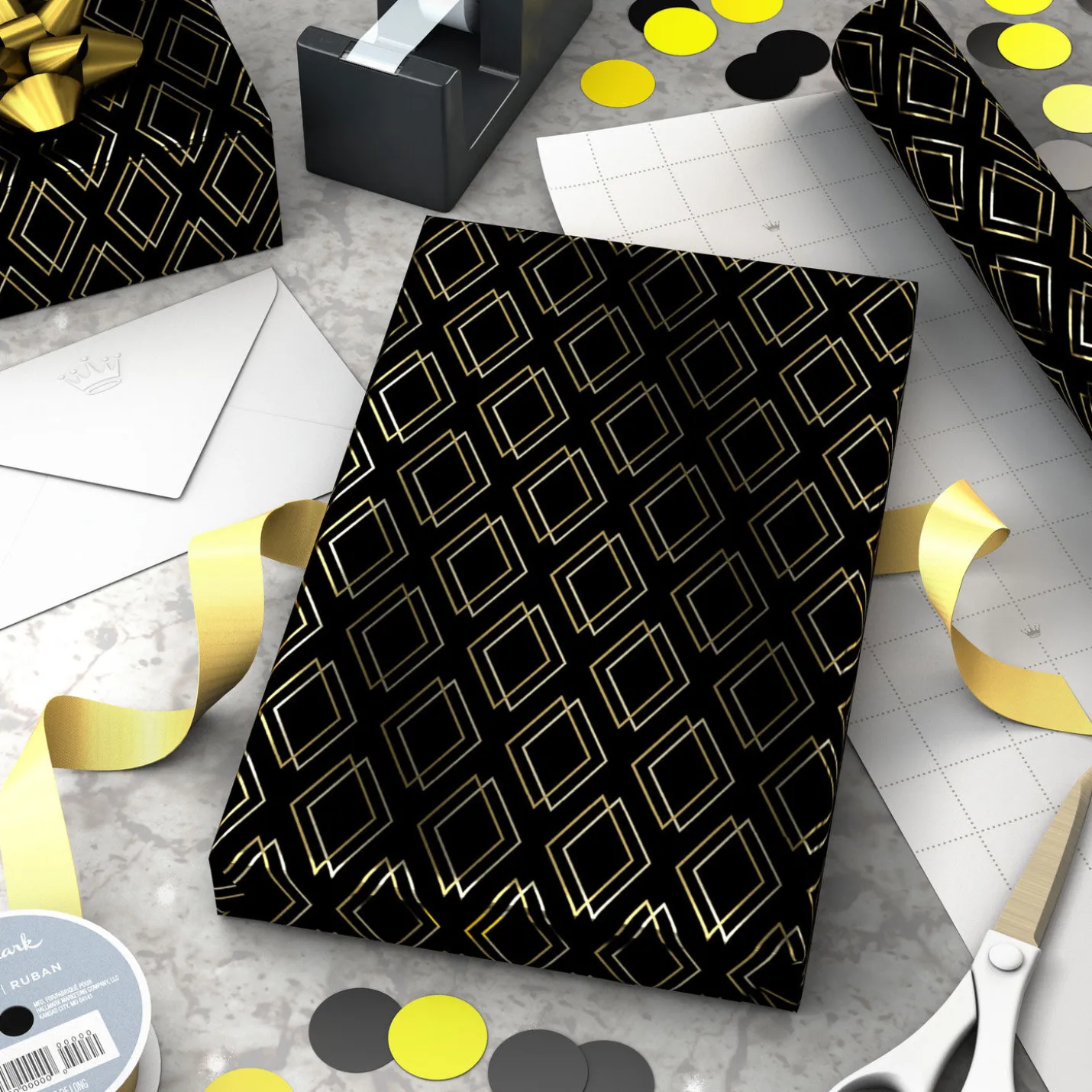 Shadow Diamonds on Metallic Black Wrapping Paper Roll, 17.5 sq. ft.