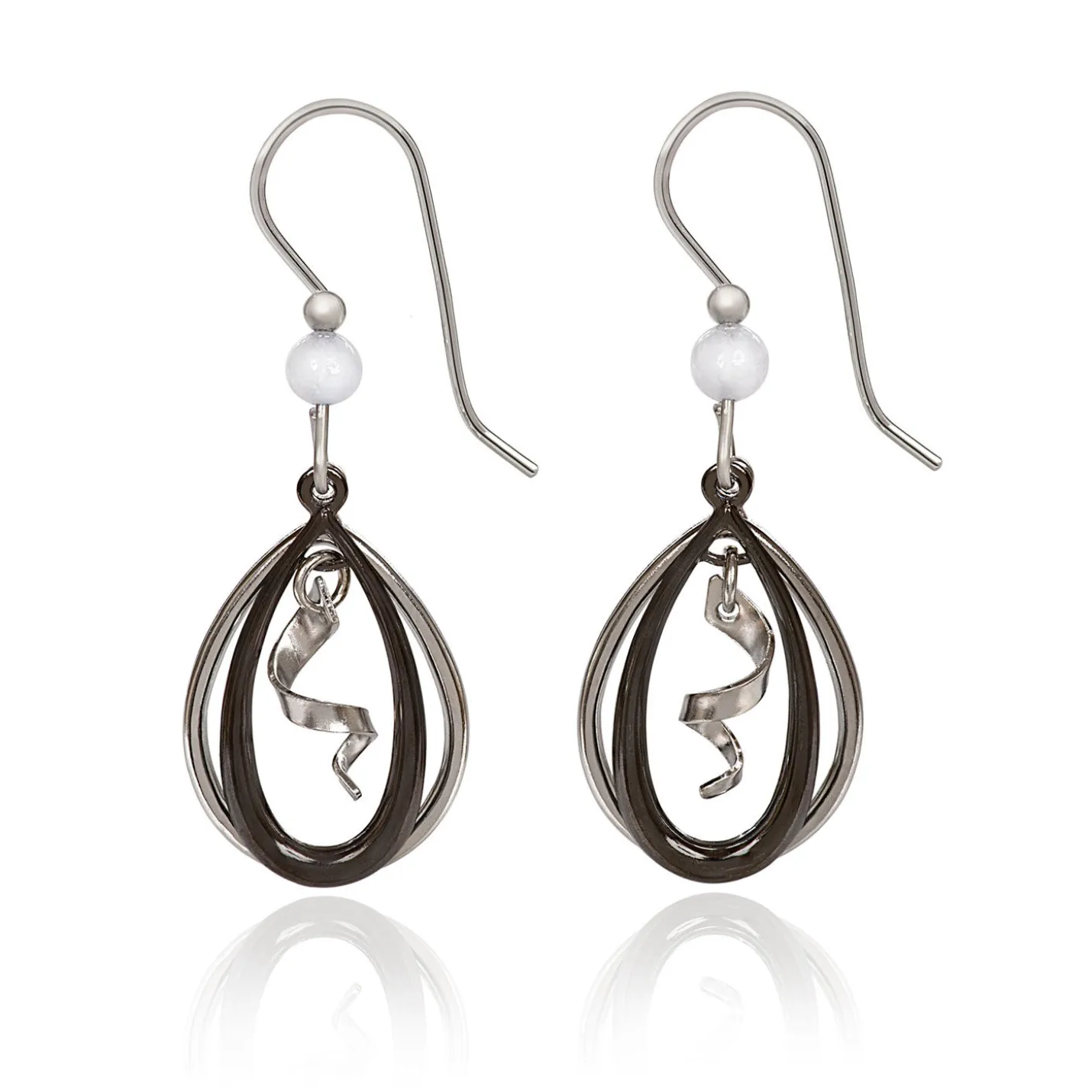 Silver Forest Black and Silver-Tone Metal Spiral Teardrop Earrings