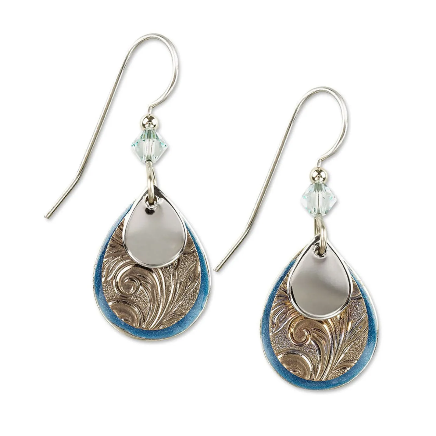 Silver Forest Blue and Silver Metal Layered Teardrop Earrings