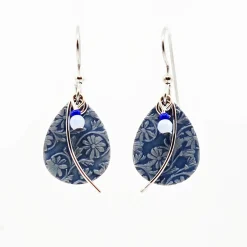 Silver Forest Blue Teardrop and Silver Metal Arc Drop Earrings