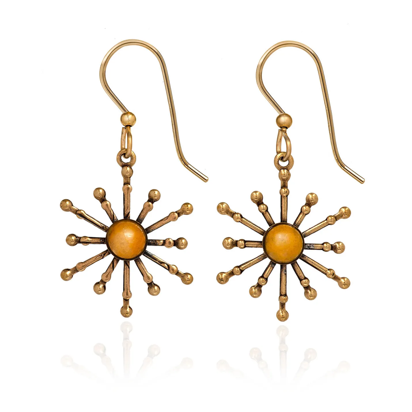 Silver Forest Cabochon and Spokes Gold Metal Drop Earrings