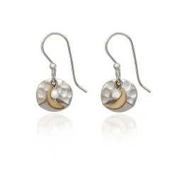 Silver Forest Crescent Moon on Hammered Disc Mixed Metal Drop Earrings