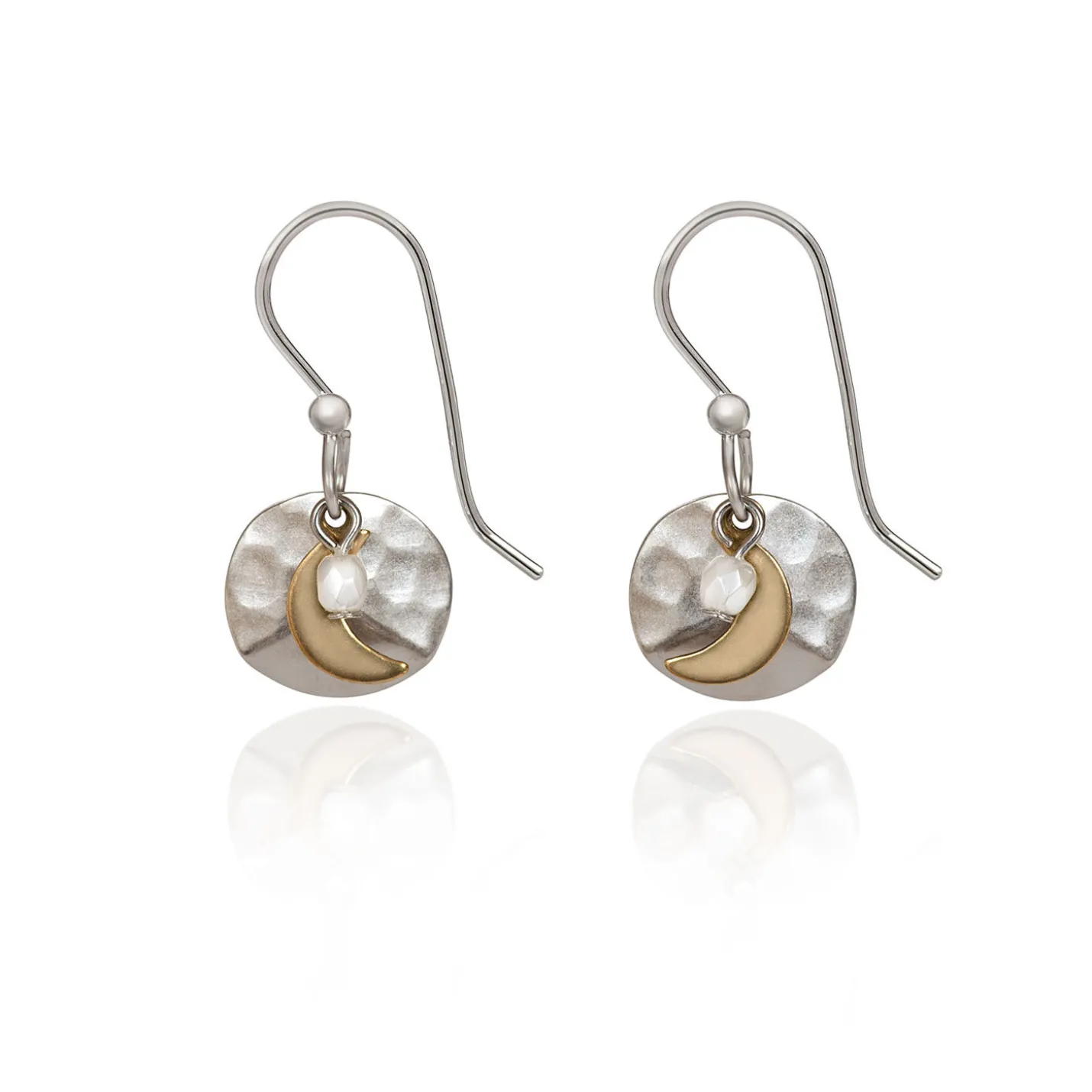 Silver Forest Crescent Moon on Hammered Disc Mixed Metal Drop Earrings