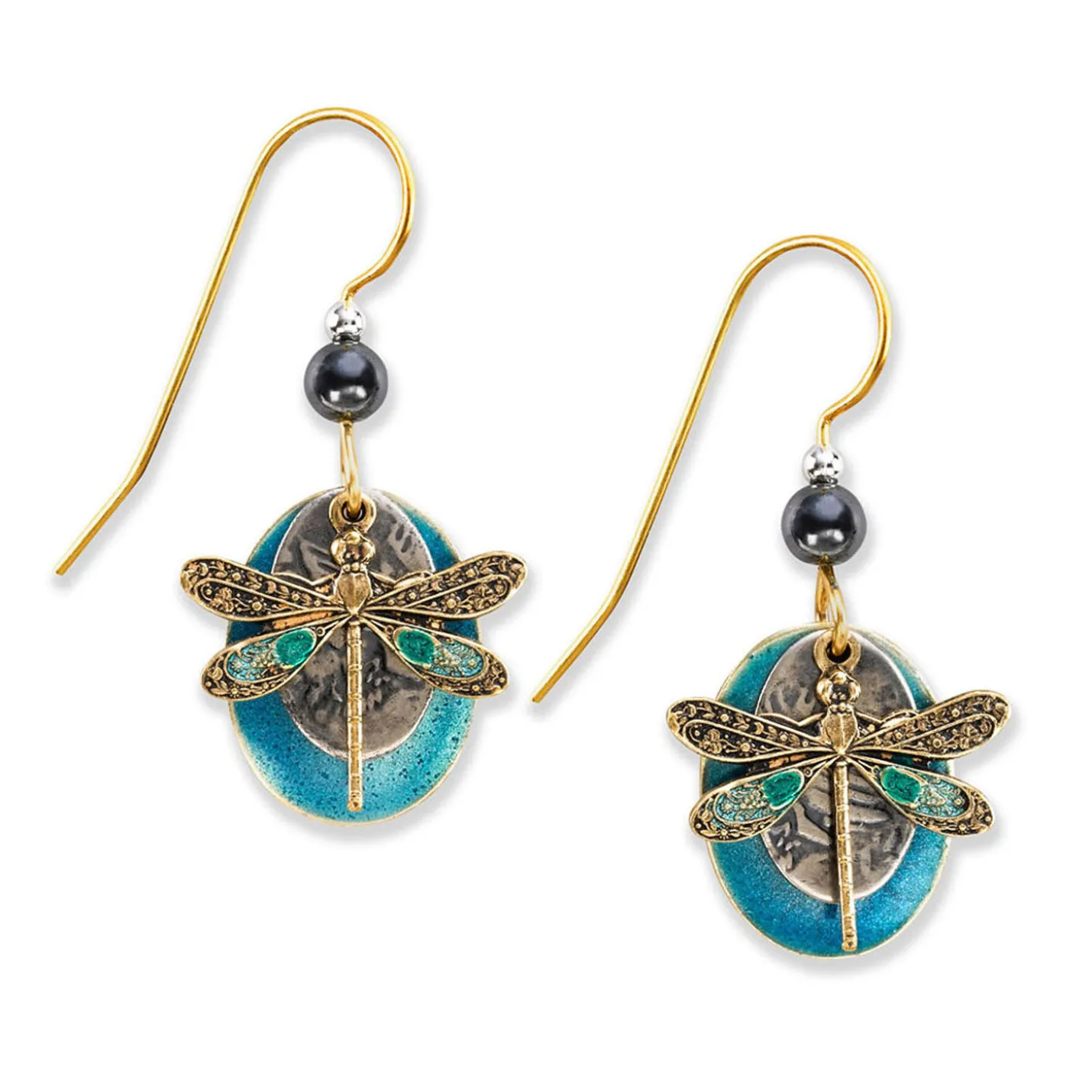 Silver Forest Dragonfly Layered Turquoise Oval Drop Earrings
