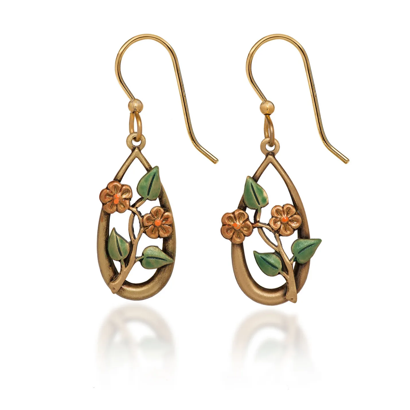 Silver Forest Flowers and Leaves on Gold Metal Teardrop Earrings