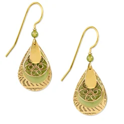 Silver Forest Green and Gold Metal Layered Teardrop Earrings