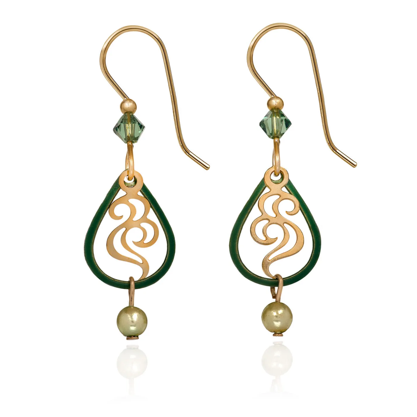 Silver Forest Green and Gold Open Teardrop Earrings