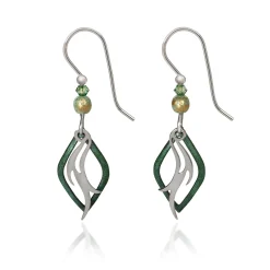 Silver Forest Green and Silver-Tone Flame Layered Metal Drop Earrings