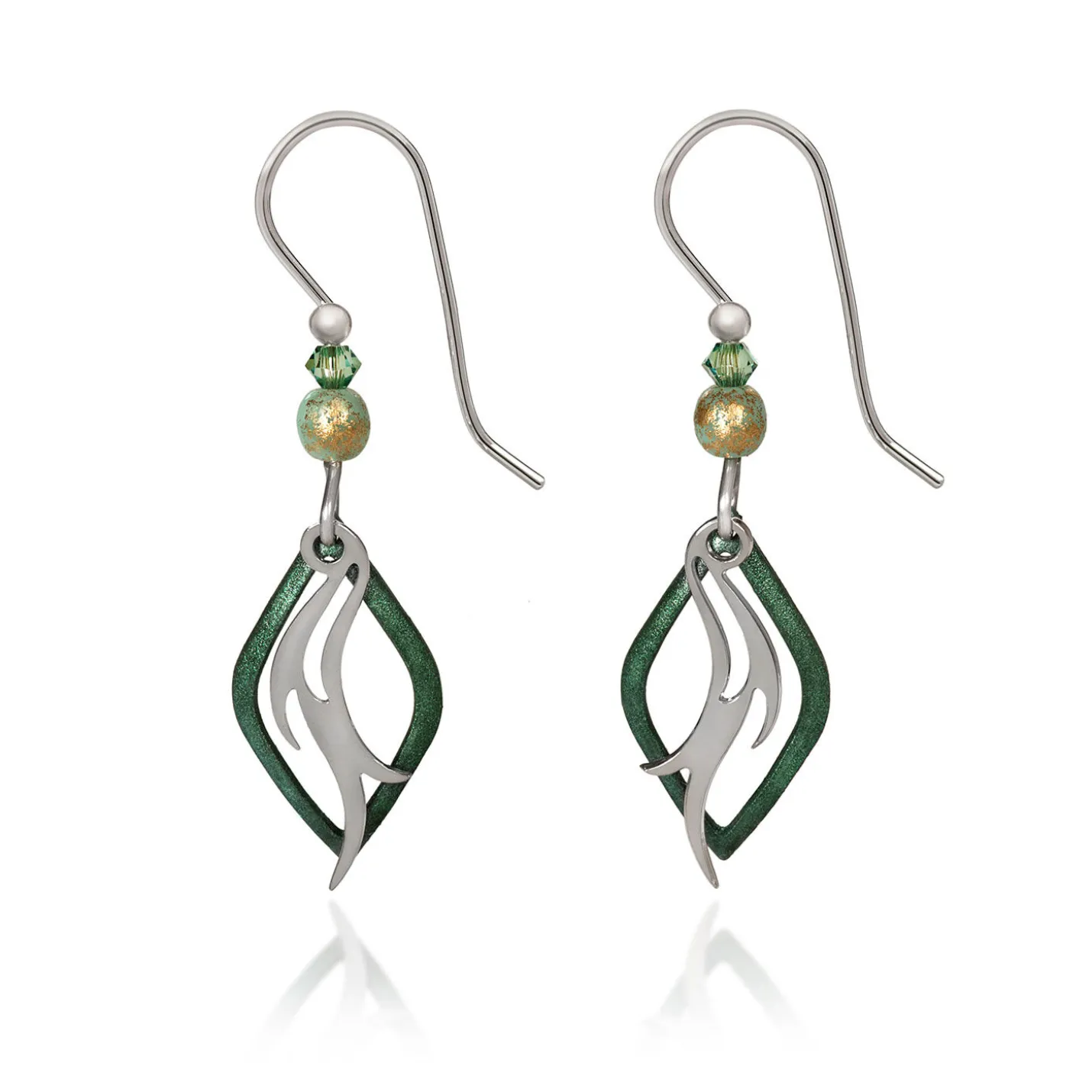 Silver Forest Green and Silver-Tone Flame Layered Metal Drop Earrings