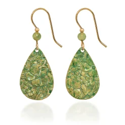 Silver Forest Green on Gold Metal Embossed Flower Teardrop Earrings