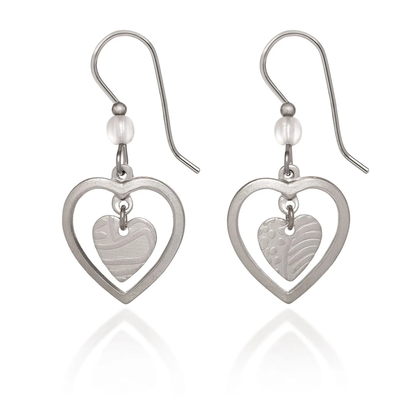 Silver Forest Heart in Open Heart Silver Metal Drop Earrings