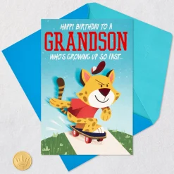Skateboarding Cheetah Pop-Up Birthday Card for Grandson