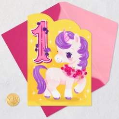 Sparkles and Rainbows Cute Unicorn First Birthday Card