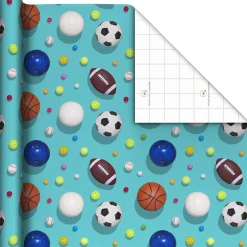 Sports Balls on Blue Wrapping Paper, 20 sq. ft.