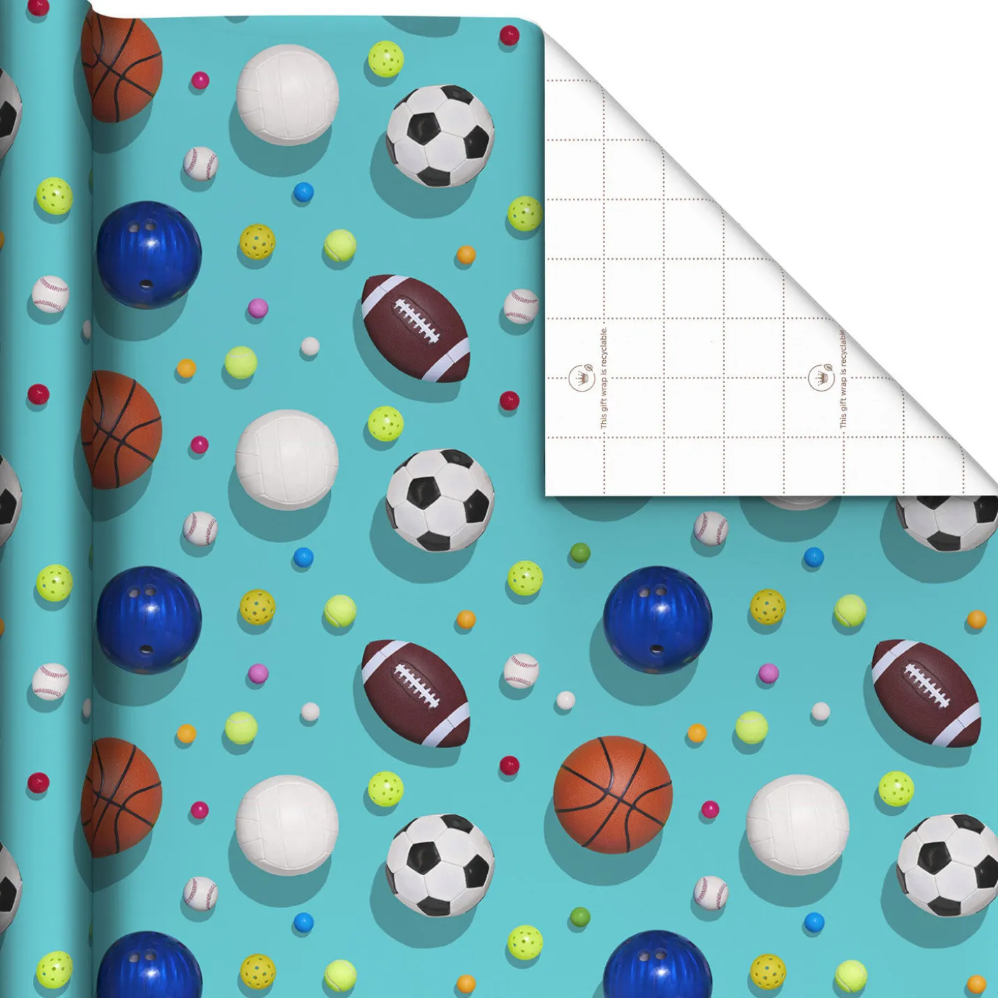 Sports Balls on Blue Wrapping Paper, 20 sq. ft.