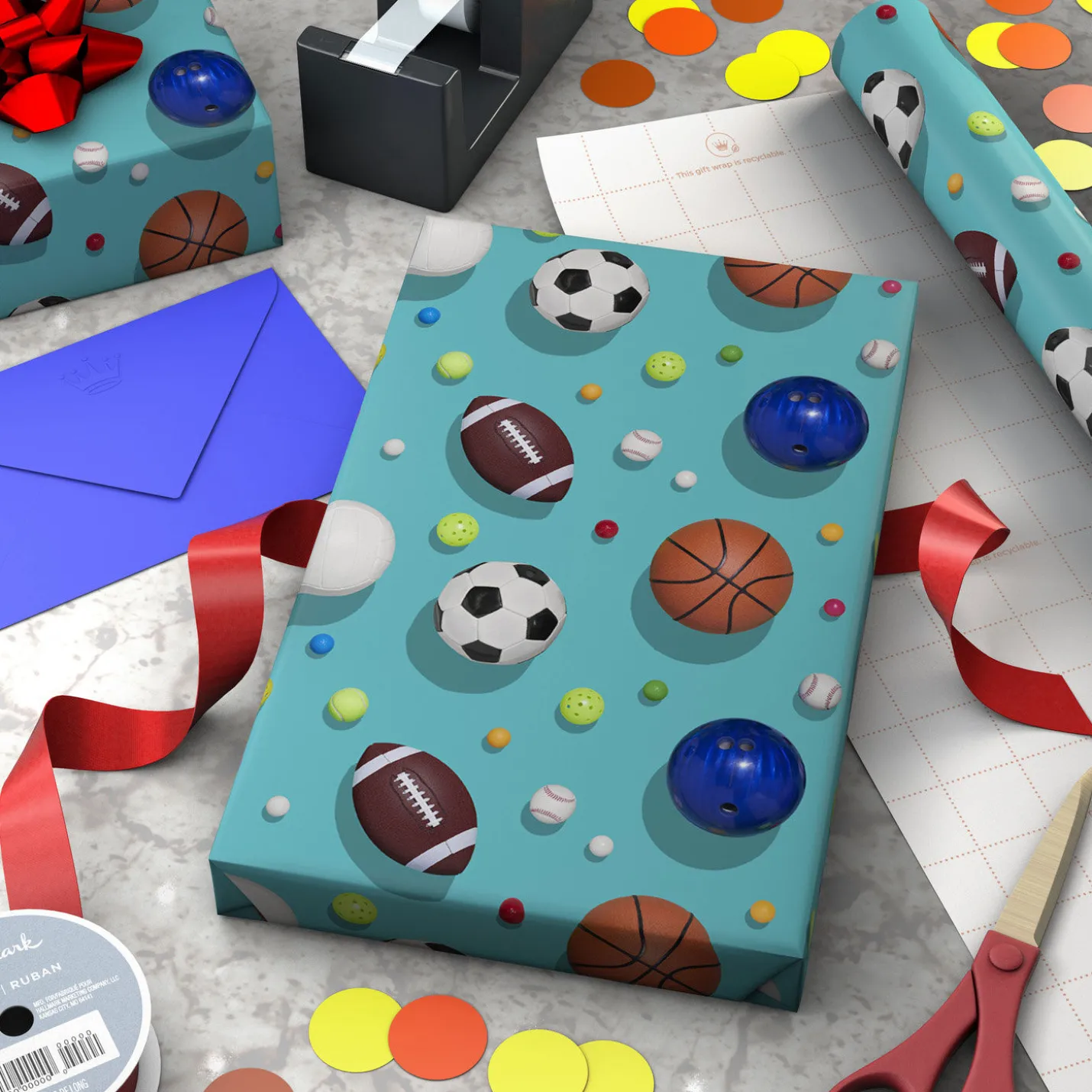 Sports Balls on Blue Wrapping Paper, 20 sq. ft.