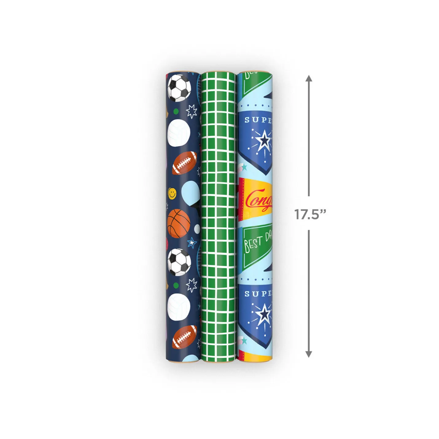 Sporty 3-Pack Wrapping Paper Mini Roll Bundle, 60 sq. ft. total