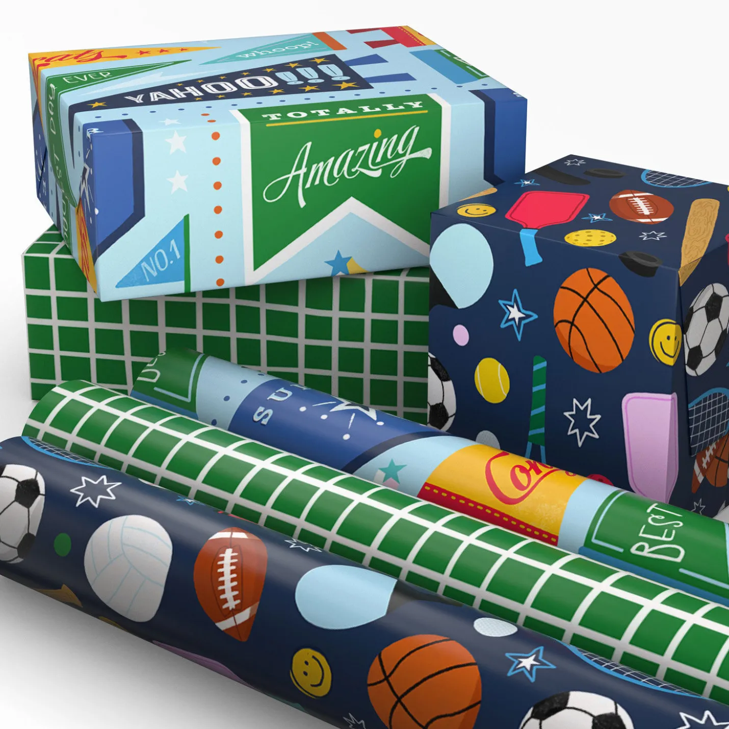 Sporty 3-Pack Wrapping Paper Mini Roll Bundle, 60 sq. ft. total
