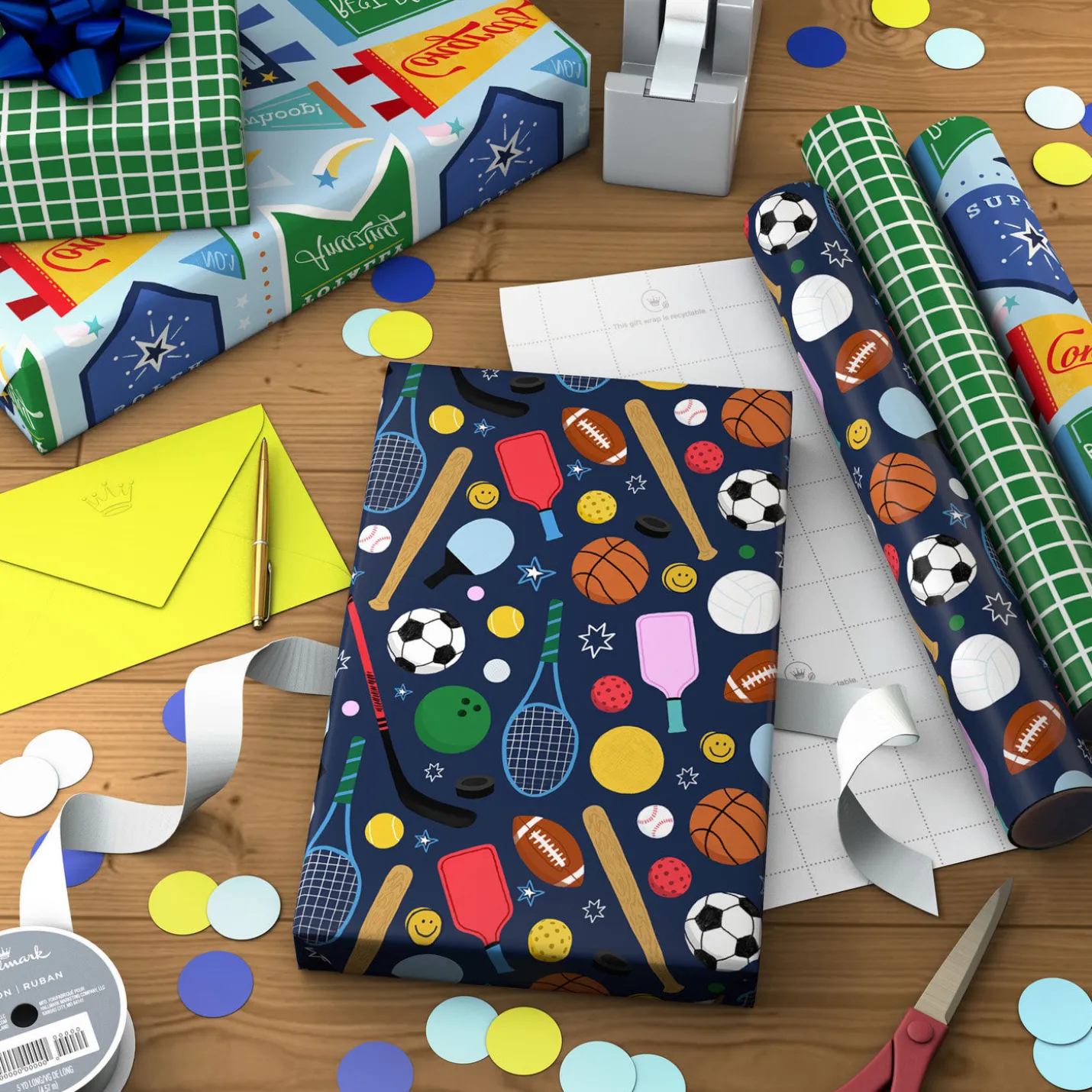 Sporty 3-Pack Wrapping Paper Mini Roll Bundle, 60 sq. ft. total