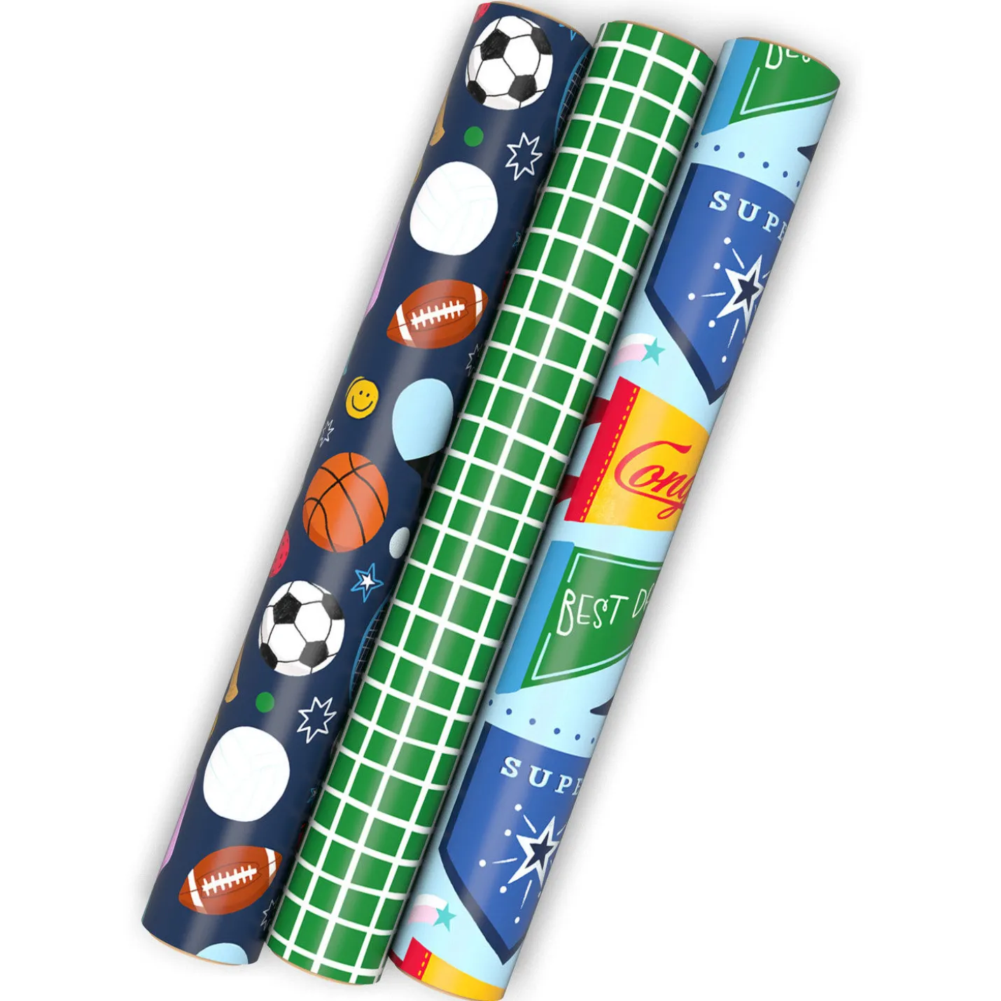Sporty 3-Pack Wrapping Paper Mini Roll Bundle, 60 sq. ft. total