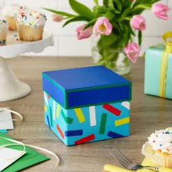 5" Square Colorful Confetti on Blue Gift Box