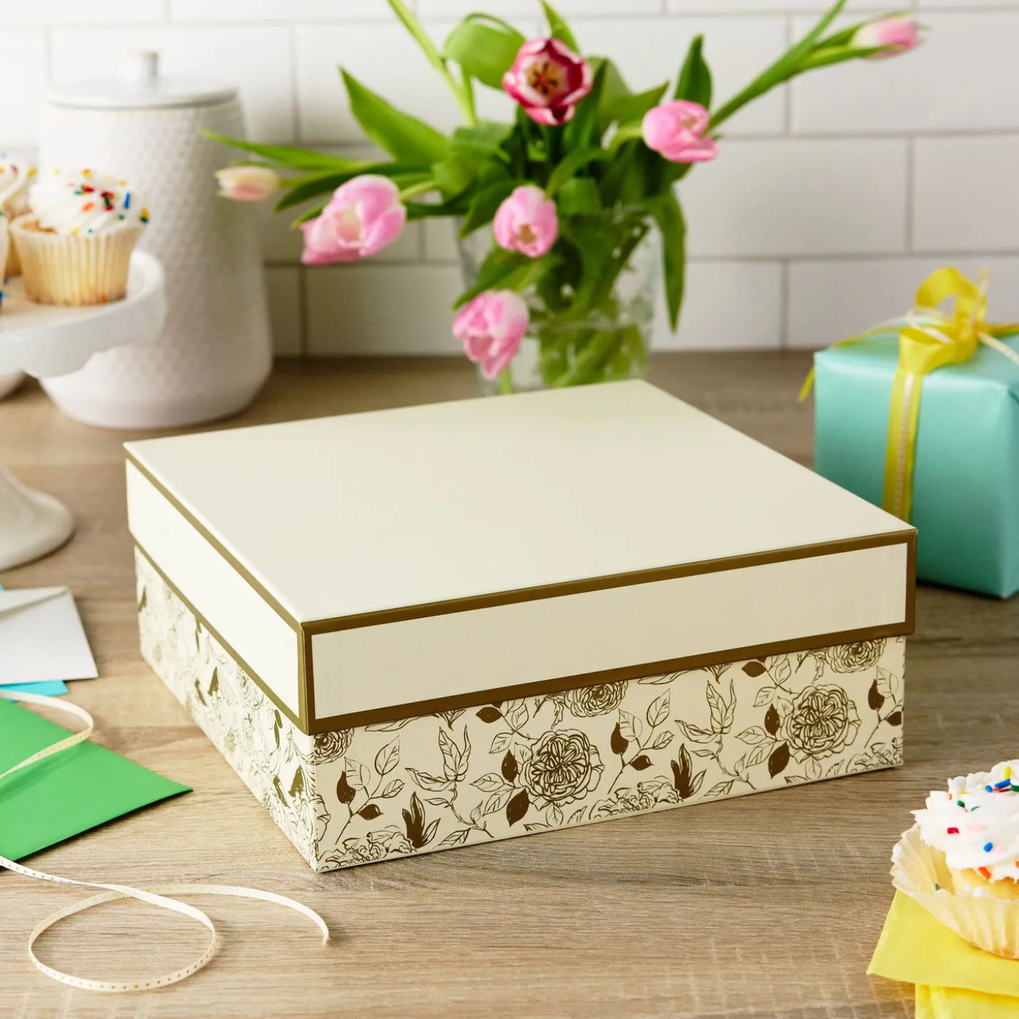 10" Square Gold Floral on White Gift Box