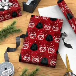 Star Wars™ Darth Vader™ and Stormtrooper™ Helmets on Red Holiday Wrapping Paper Roll, 25 sq. ft.