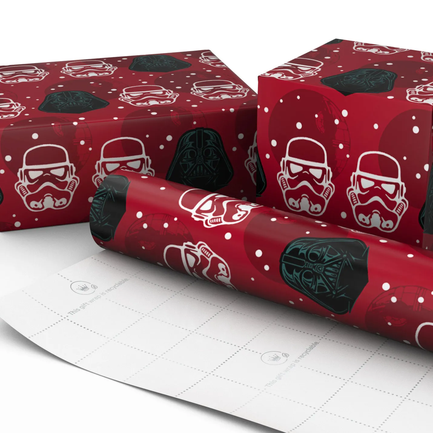 Star Wars™ Darth Vader™ and Stormtrooper™ Helmets on Red Holiday Wrapping Paper Roll, 25 sq. ft.