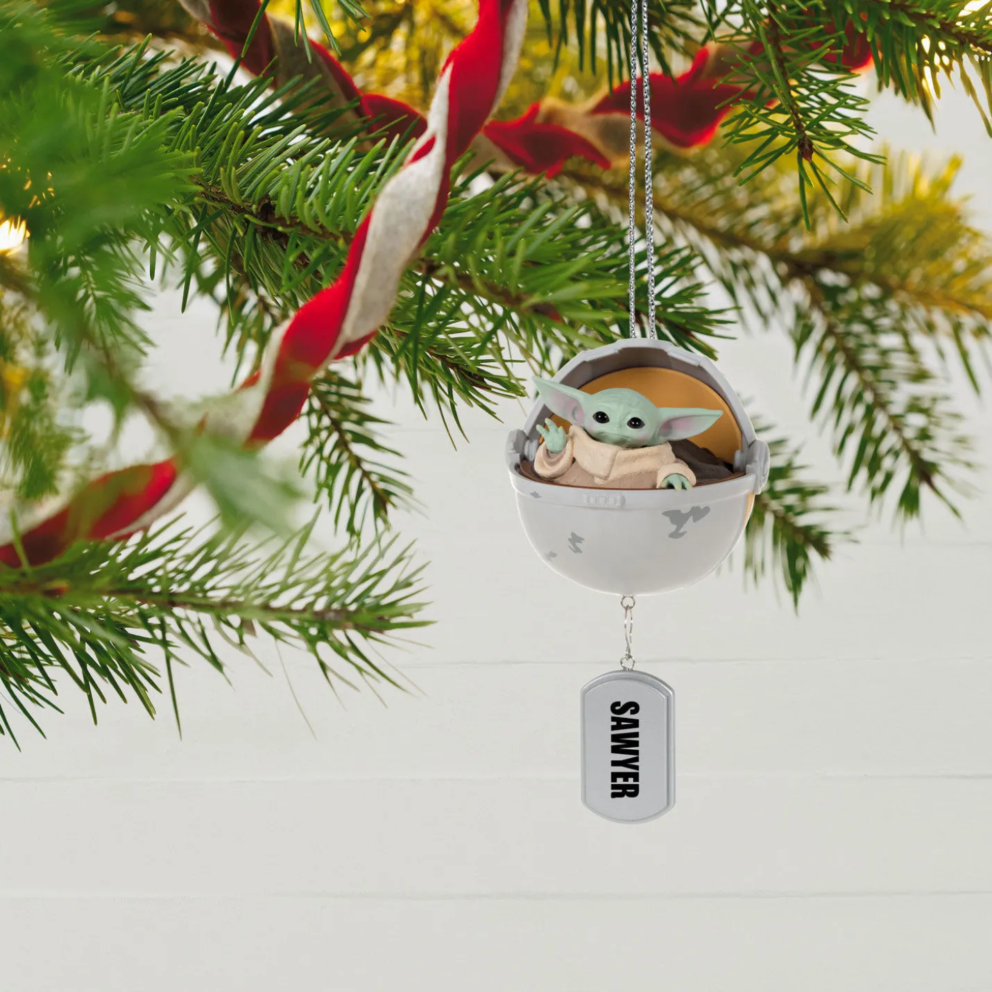 Star Wars: The Mandalorian™ Grogu™ in Hovering Pram Personalized Ornament, Custom Text