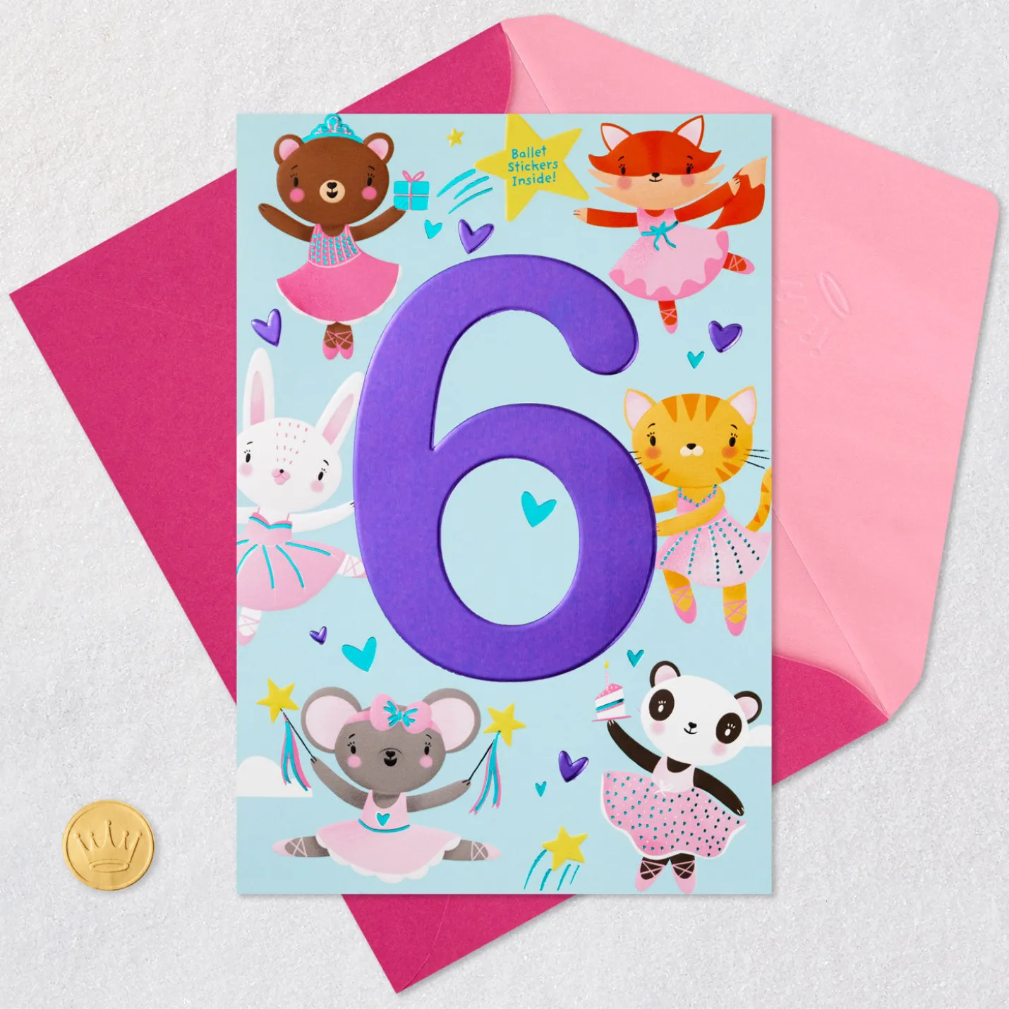 Sweet Six Ballerina Animals 6th Birthday Card With Stickers