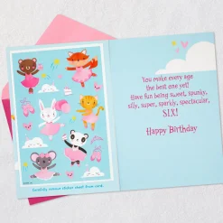 Sweet Six Ballerina Animals 6th Birthday Card With Stickers
