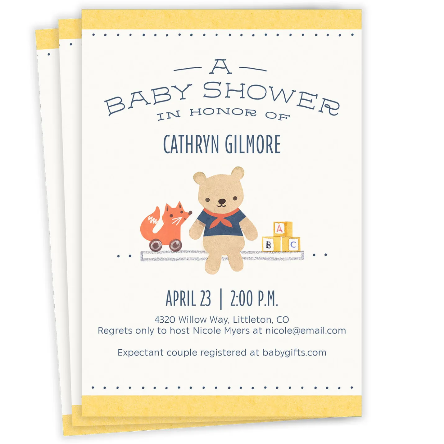 Teddy Bear and Blocks Flat Baby Shower Invitation