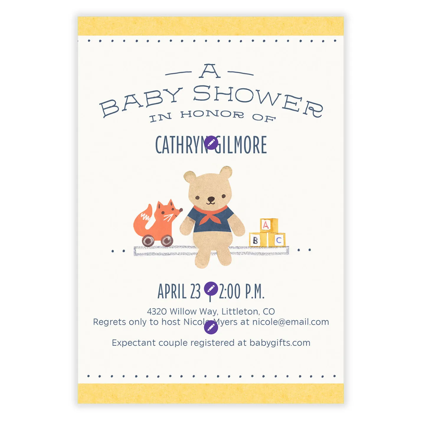 Teddy Bear and Blocks Flat Baby Shower Invitation