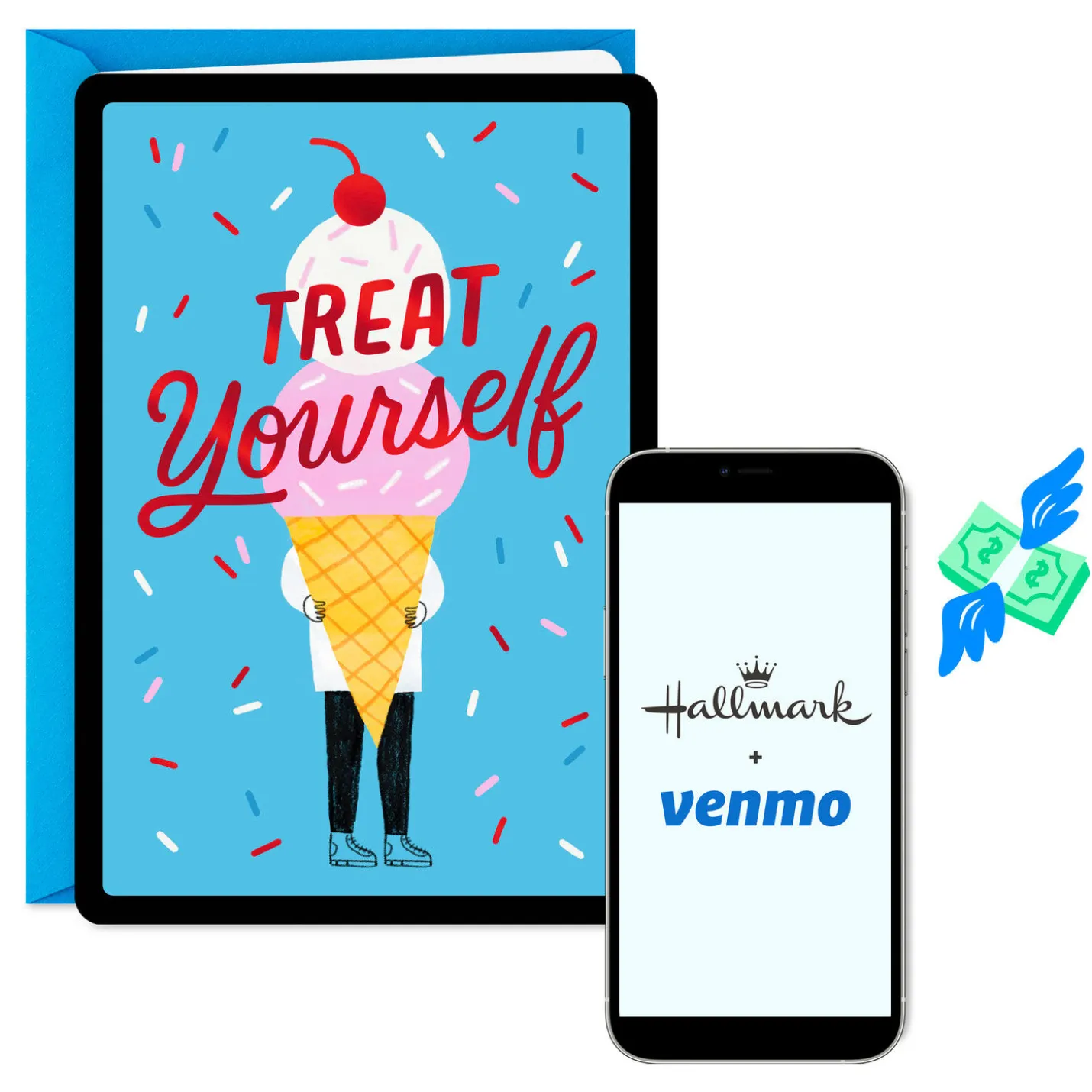 Treat Yourself Ice-Cream Cone and Confetti Venmo Birthday Card
