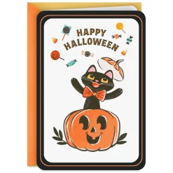 Vintage Black Cat in Pumpkin Halloween Card for Kids