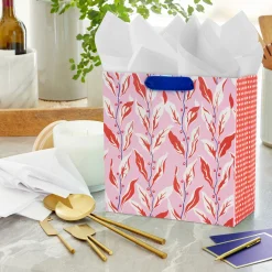 10.4" Vintage Leaves on Pink Large Square Gift Bag